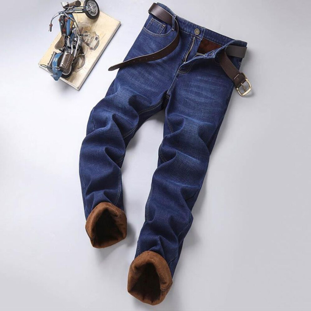 (blue, 33) Men&apos;s Winter Business Vintage Jeans Thick Velvet Straight Trousers Jeans Casual Jogger Men Clothing Brown Denim Pants Sportswear Slim Jeans For M