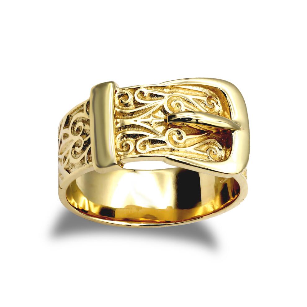 (Z2) Jewelco London Men's Solid Hallmarked Gold-plated 925 Sterling Silver Single Buckle Ring 10mm - ARN129