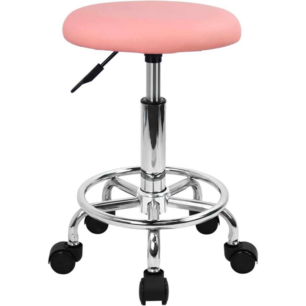 (Pink) Swivel Rolling Stool Height Adjustable PU Leather Cushion Salon Vanity Massage Office Stool Chair Small (Pink)
