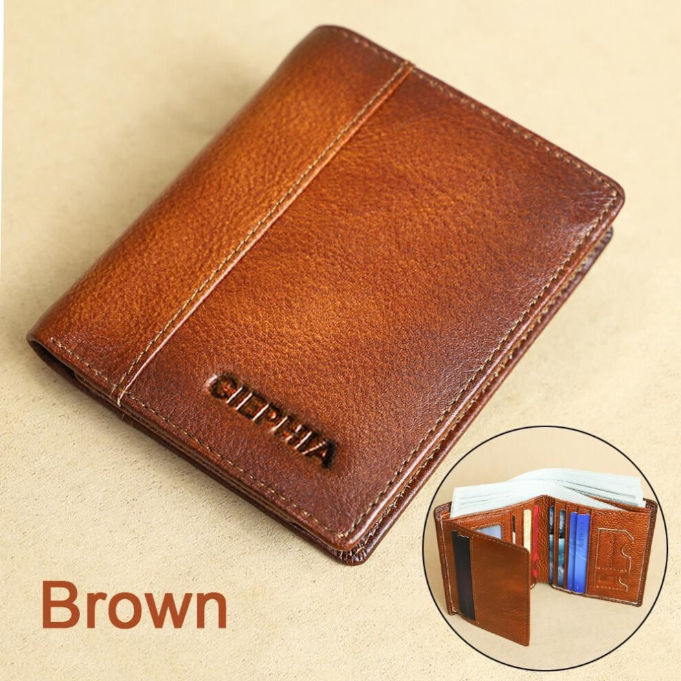 (brown) 1pc Men&apos;s Genuine Leather Bifold Wallet, With Id Window Rfid Blocking Top Layer Cowhide Wallet, Multi Function Credit Card Holder Gift For Him