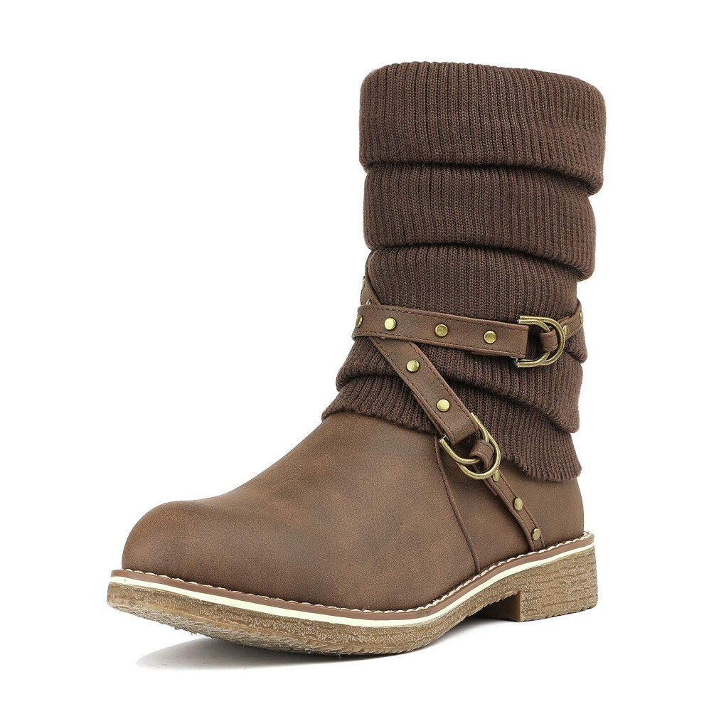 Dream Pairs Stivali Invernali In Pelliccia Sintetica Da Donna Oussie Marroni A Met Polpaccio, Taglia 5-image