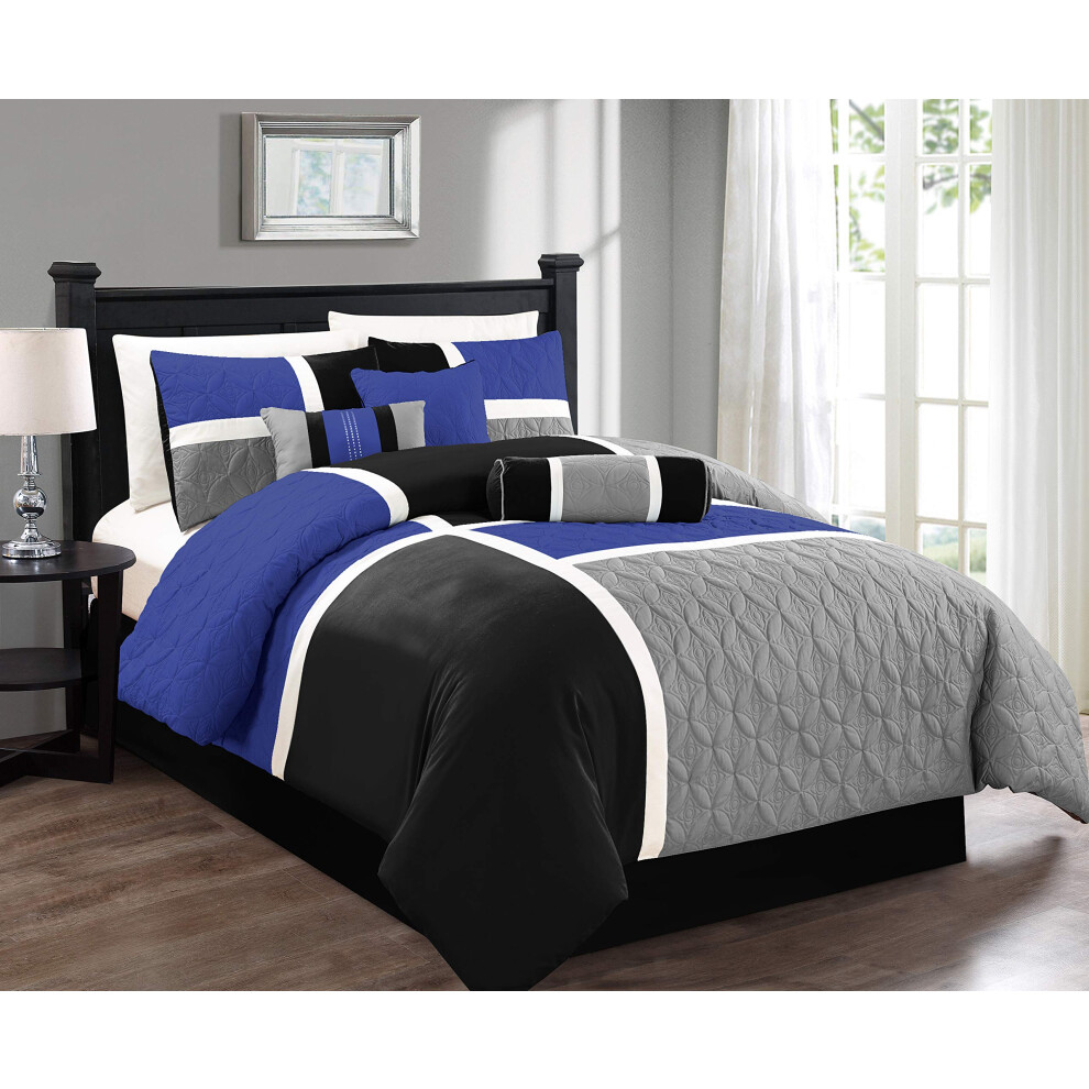 Ensemble de couette matelassée patchwork Upland de la collection Chezmoi, 7 pièces, bleu/noir/gris, très grand lit californien