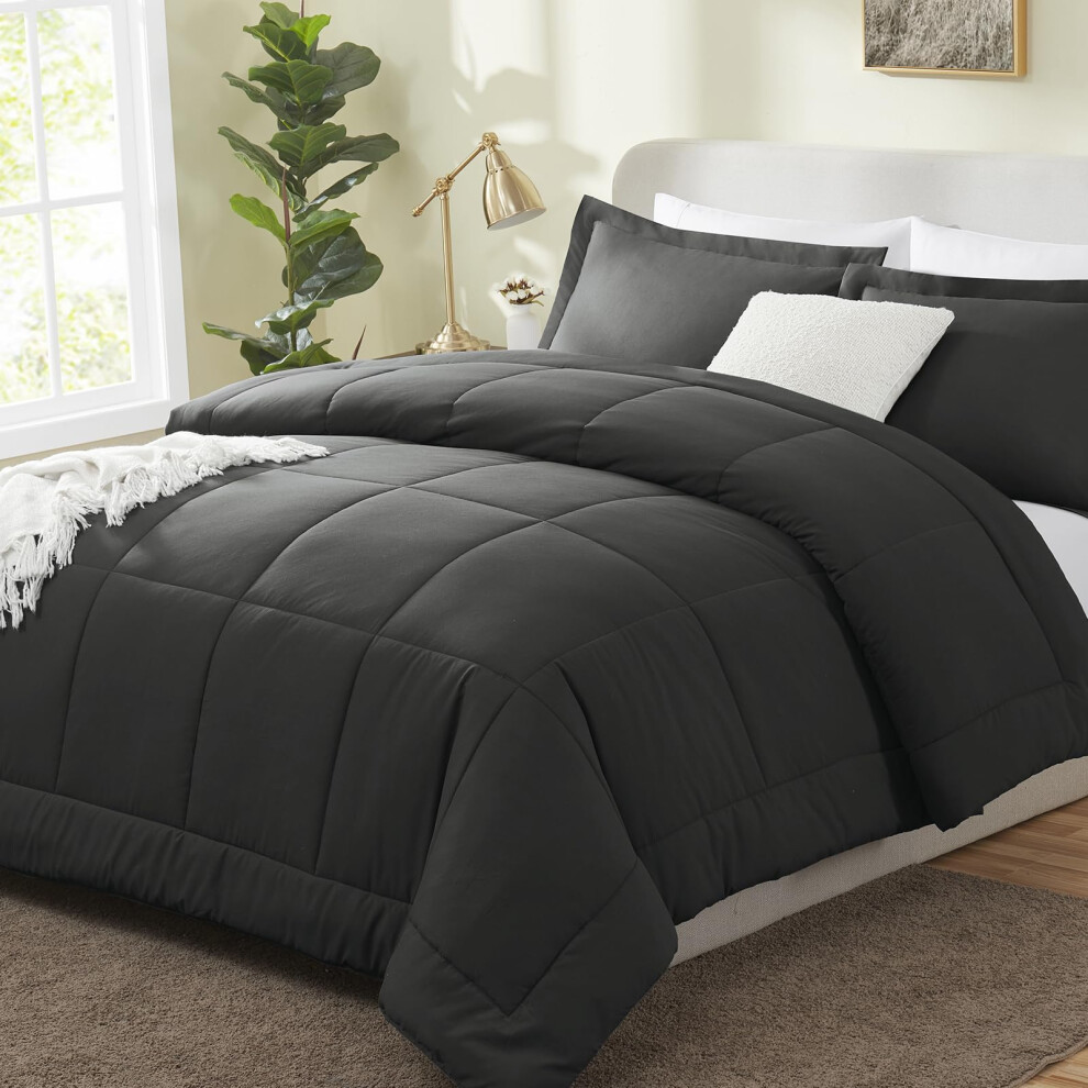 Ensemble de couette King Size CozyLux Couette gris foncé King Size 3 pièces Ensemble de lit léger et doux avec coutures en boîte Toutes saisons