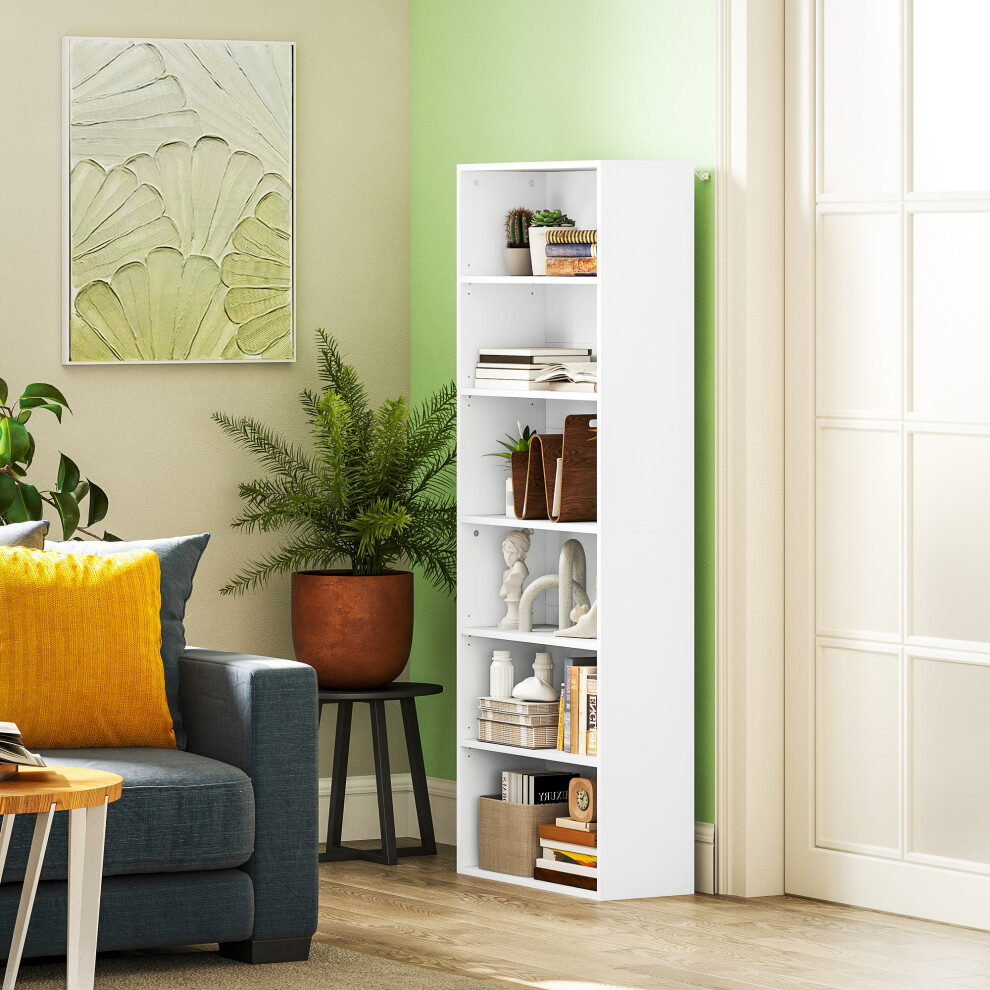Homcom 6 Tier Bookshelf, Freestanding Bookcase With Adjustable Shelves, White