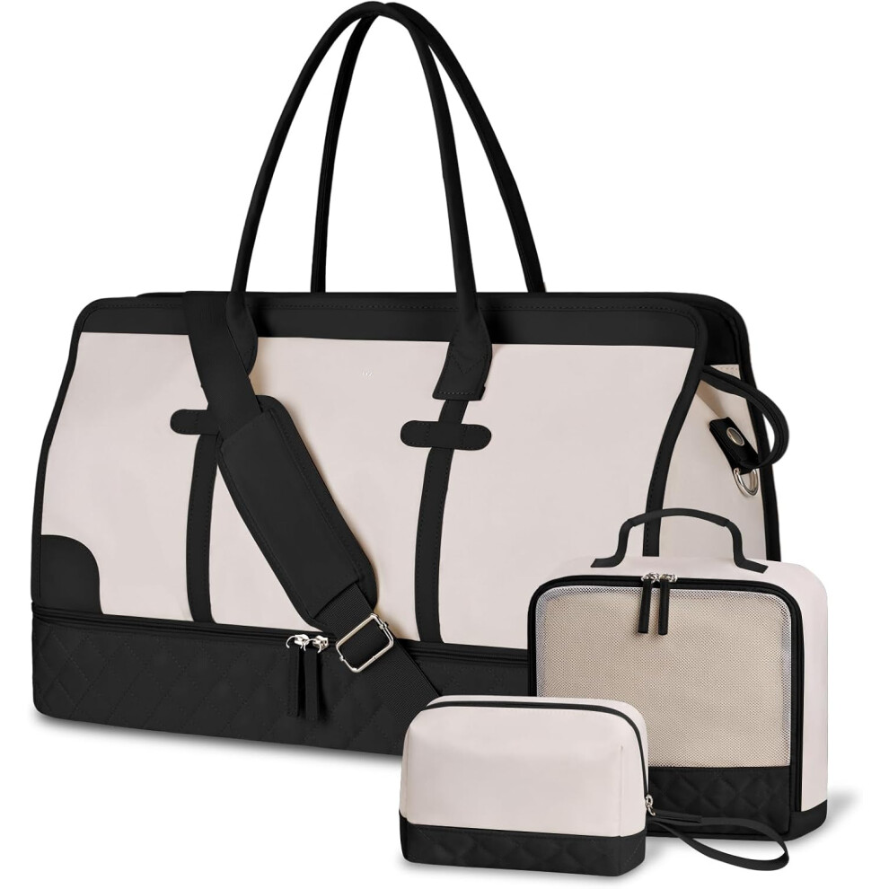 (L, Beige-black) Weekend Overnight Bag for Women, Large Travel Duffle Bag with Shoe Compartment & Wet Pocket