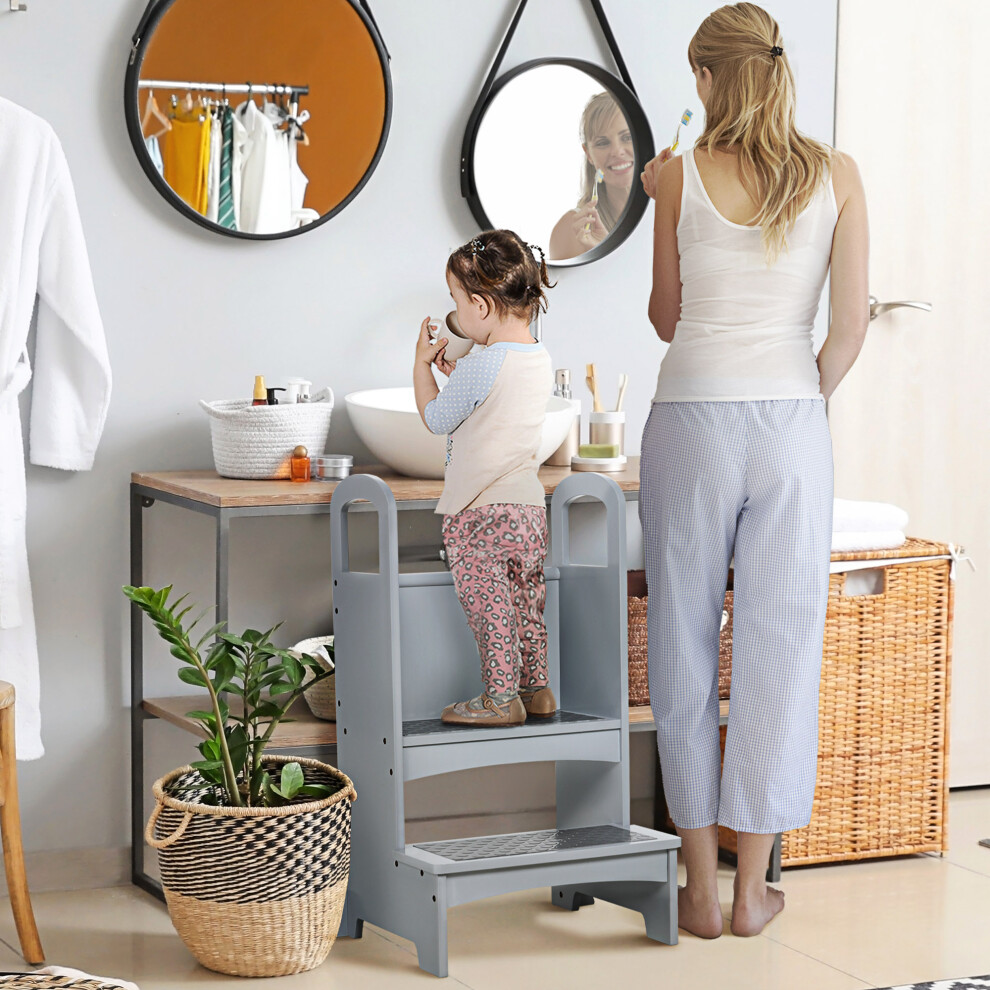 HOMCOM Kids Wooden 2-Step Stool Mini Ladder Assistance Unit Non-Slip Panels Grey