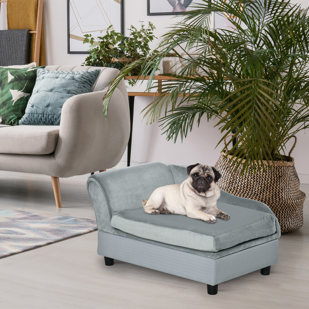 PawHut Pet Sofa w/ Storage Cushion - Light Blue Velvet Wood - Extra Small - Image 4