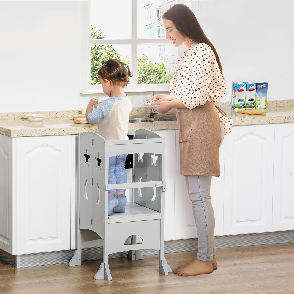 HOMCOM Kids Step Stool Toddler Kitchen Stool with Blackboard Lockable Handrail