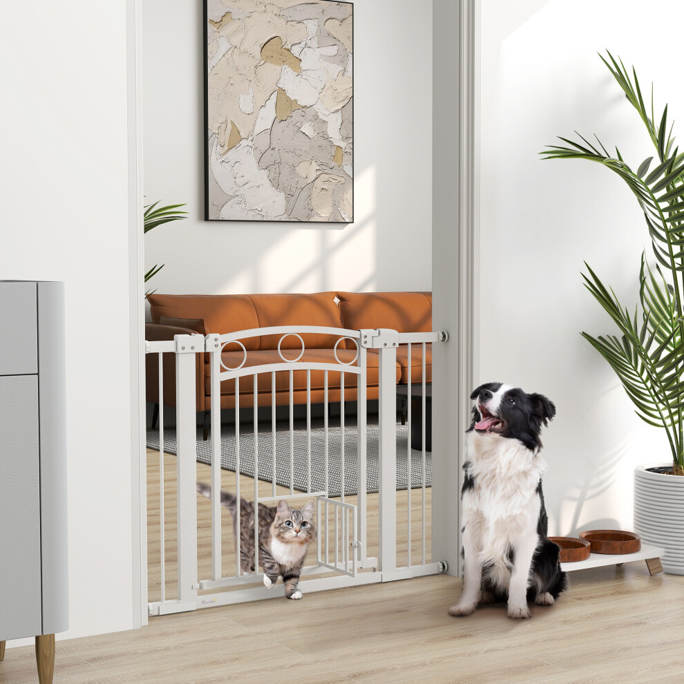 Pawhut Stair Gate With Cat Door, Adjustable Width, 76-104Cm And Tall 77Cm