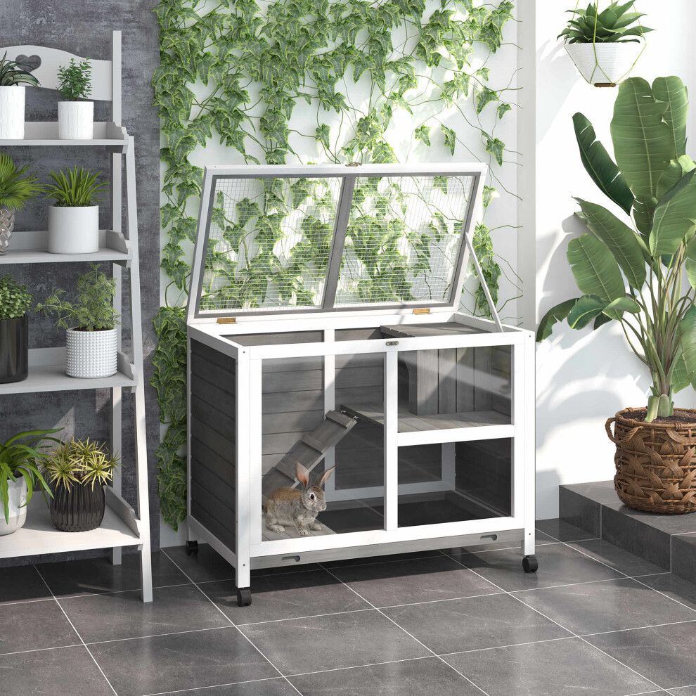 Pawhut Rabbit Hutch, Bunny Cage 2 Layers With Wheels & Open Roof, Grey