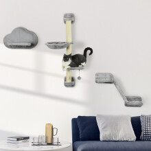 PawHut Wall-Mounted Cat Furniture Wirh Ladder Scratch Post 3-Piece Grey