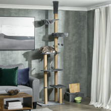 PawHut Floor To Ceiling Cat Tree 6-Tier with Scratch Post Bed Hammock Grey