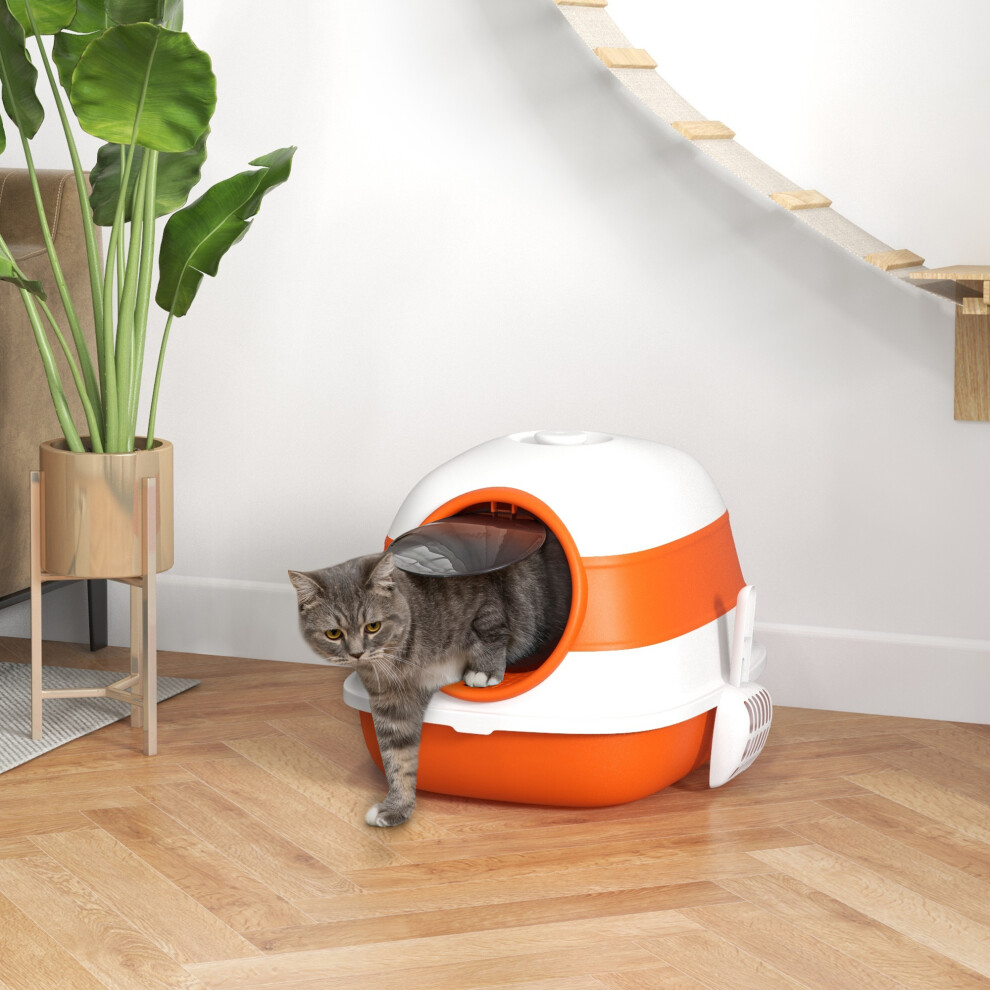 PawHut Foldable Cat Litter Tray - Hooded Cat Litter Box - High Side - Orange - Image 4