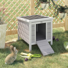 PawHut Rabbit Hutch, Bunny Cage Outdoor Wooden House w/ Asphalt Roof, Grey
