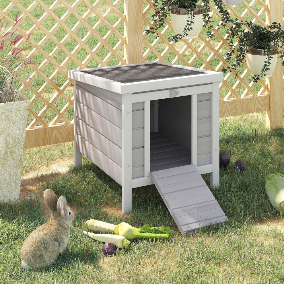 Pawhut Rabbit Hutch, Bunny Cage Outdoor Wooden House W/ Asphalt Roof, Grey