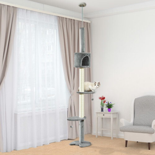 PawHut PawHut Floor to Ceiling Cat Tree with Condo Scratching Post, Light Grey