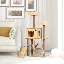 PawHut 130cm Cat Tree for Large Cats with Scratching Posts Toy Ball Yellow