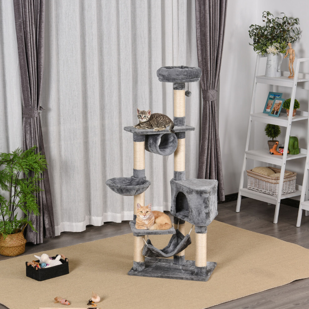 Pawhut 154Cm Cat Tree Tower Multi-Level Indoor Scratching Post Light/Grey
