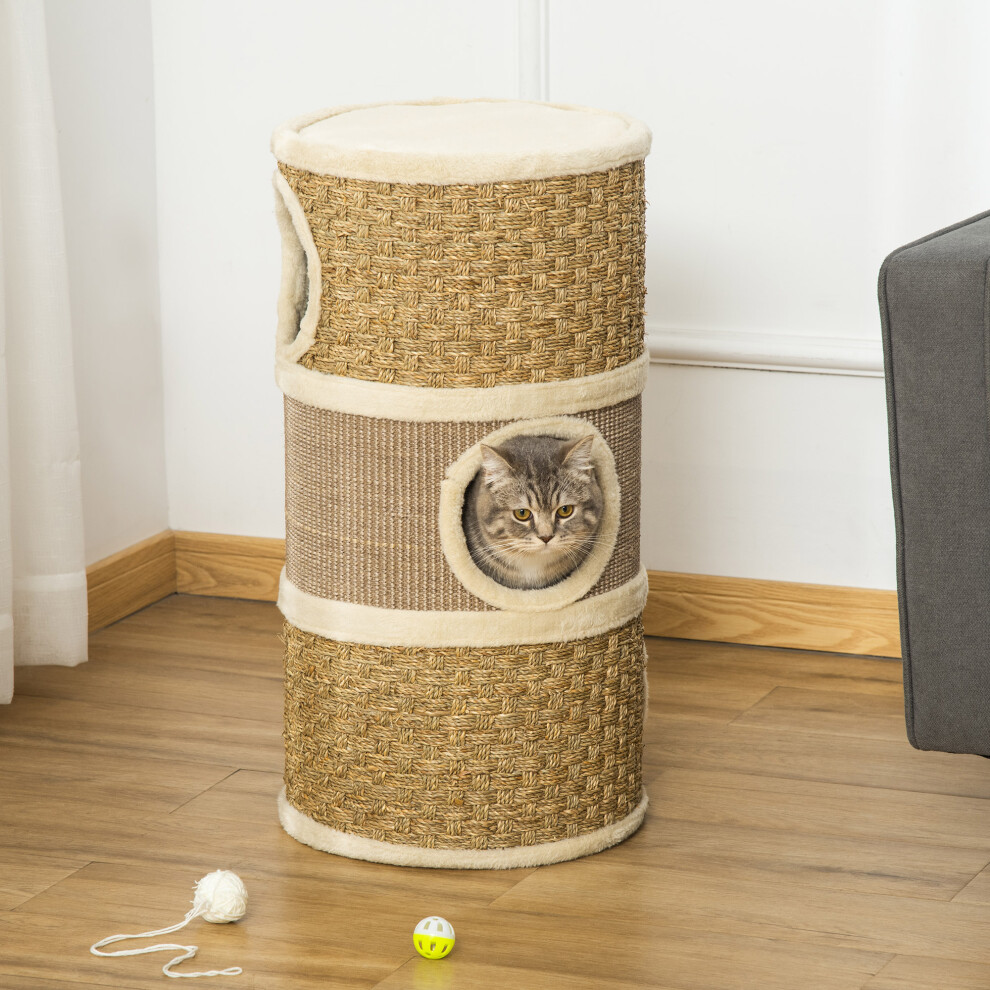PawHut Cat Scratching Barrel Kitten Tree Tower with Sisal and Seaweed Rope