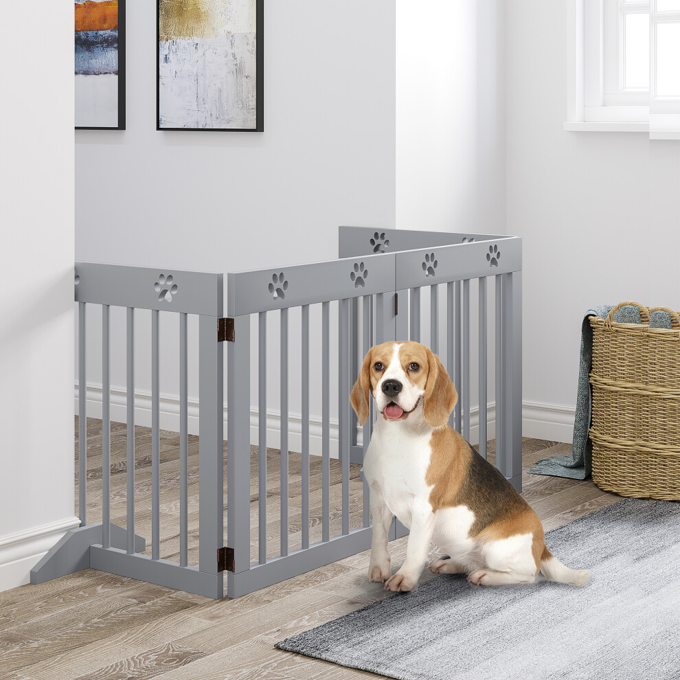 PAWHUT Freestanding Pet Gate 4 Panel Wooden Dog Barrier up to 204cm Long in Grey - Image 6