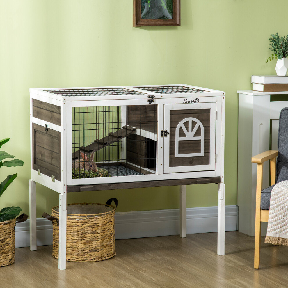 Pawhut Brown Wooden Rabbit Hutch, Small Animal House W/ Removable Tray, Openable Roof In - Image 2