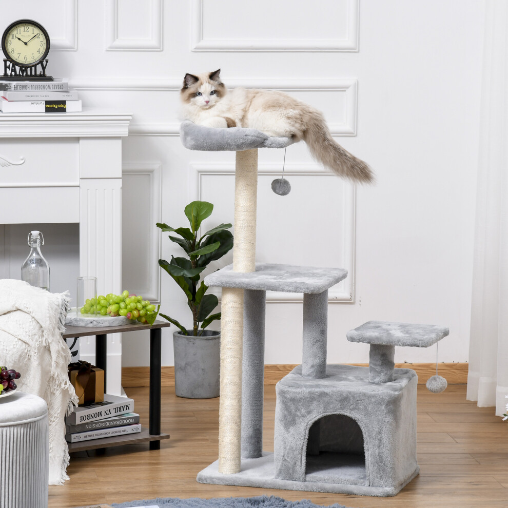 Pawhut Cat Tree Tower With Sisal Scratching Post Condo 114Cm Light Grey