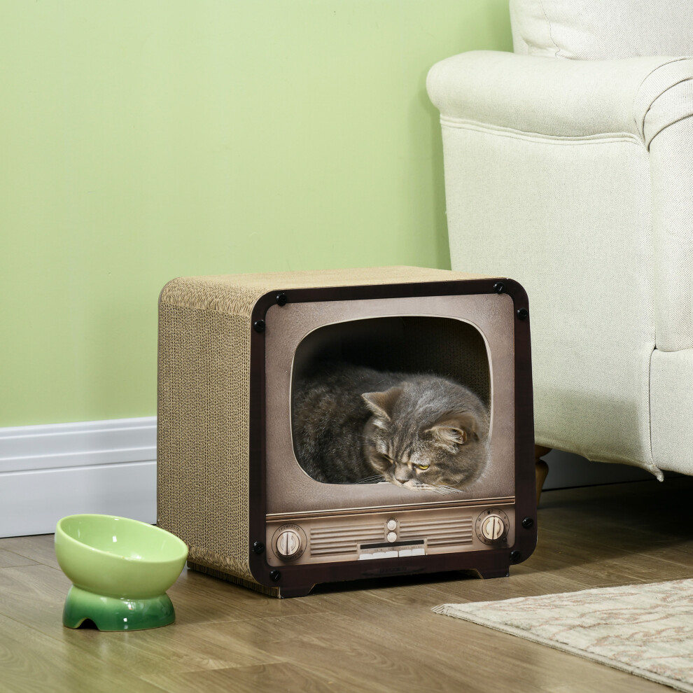 Pawhut Tv-Shape Cat Scratching Board With Catnip - Indoor D30-794V00bn - Cat House & Scratcher Brown