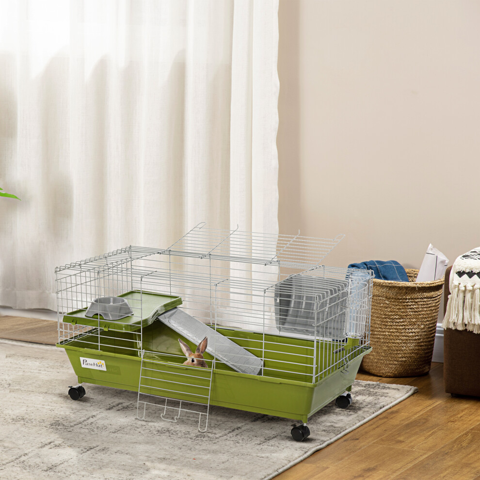 Pawhut 89Cm Small Animal Cage For Rabbit Guinea Pig W/ Food Dish Green