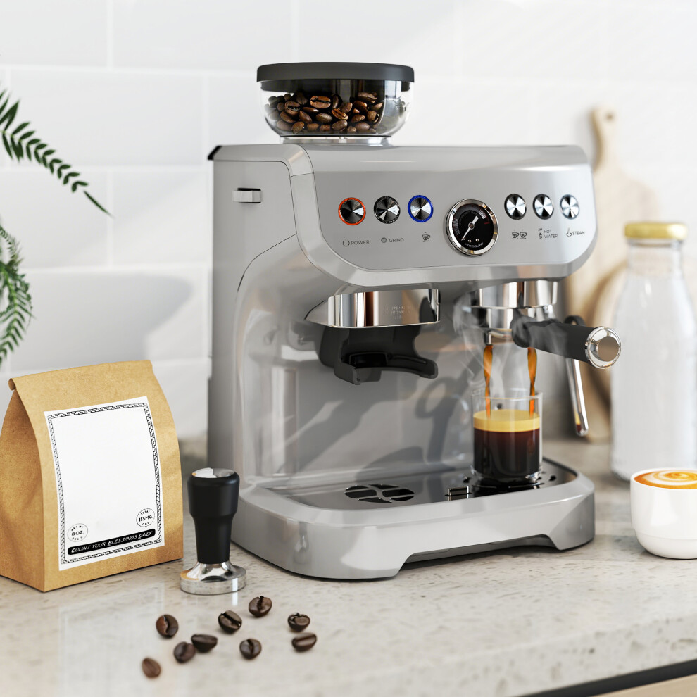 Homcom Silver Espresso Machine, Bean Grinder & Steam Wand, 15 Bar Pressure,