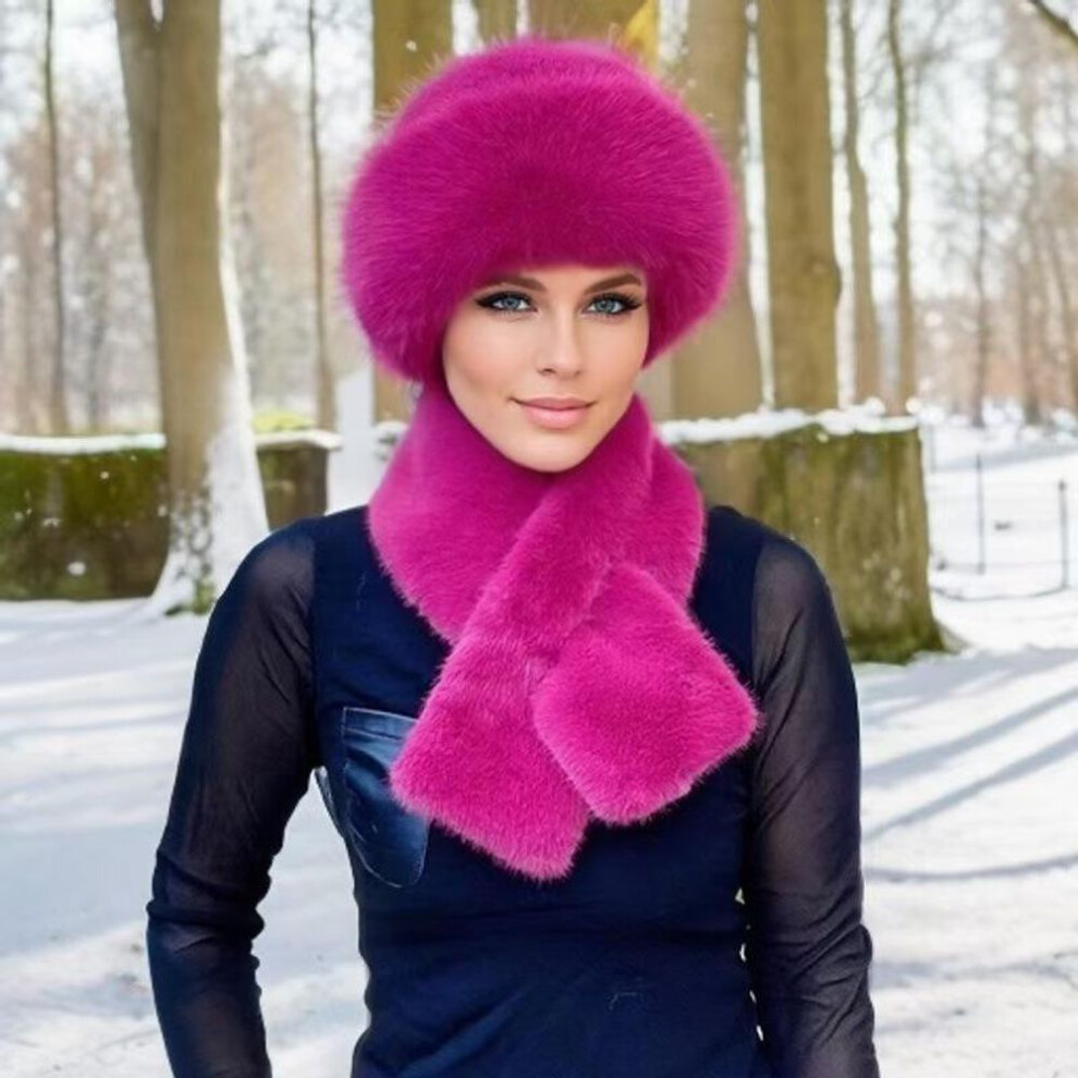 (rose red, 1set) 2 Piece/1set Women&apos;s Thickened Warm Faux Fur Hat And Scarf Set - Polyester Knit, Winter Ear Warmers With Snap Closure, Fashionable Mongolian Styl
