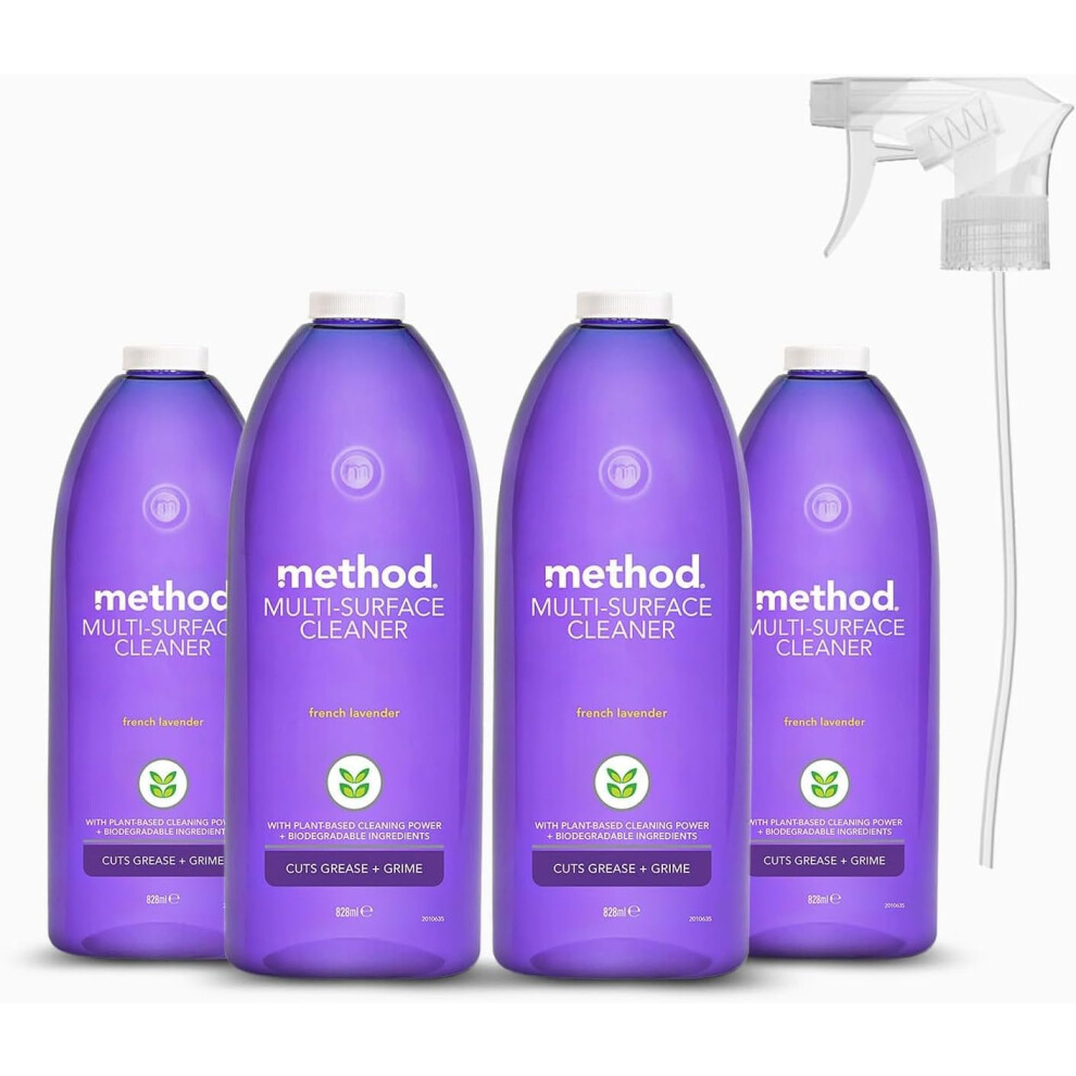Method All Purpose Cleaner Spray Cuts Grease and Grime Surface Cleaner French Lavender Scent Pack of 4 4x 828ml