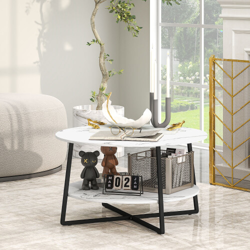 Homcom HOMCOM Round Coffee Table with Storage Shelf and Marble Effect Top, White
