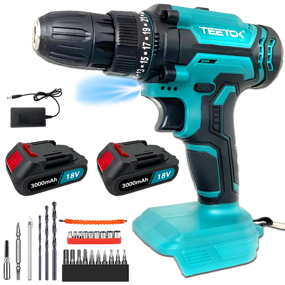 21V Cordless Drill Electric Screwdriver Combi Power Drills Kit+3.0A 2Battery-Makita Compatible