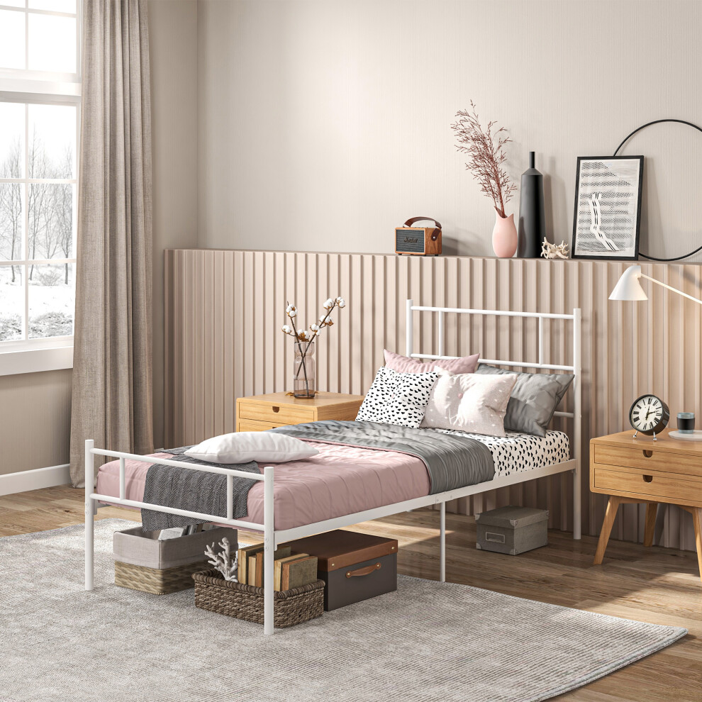 HOMCOM Single Metal Bed Frame w/Headboard Footboard, Underbed Storage, White