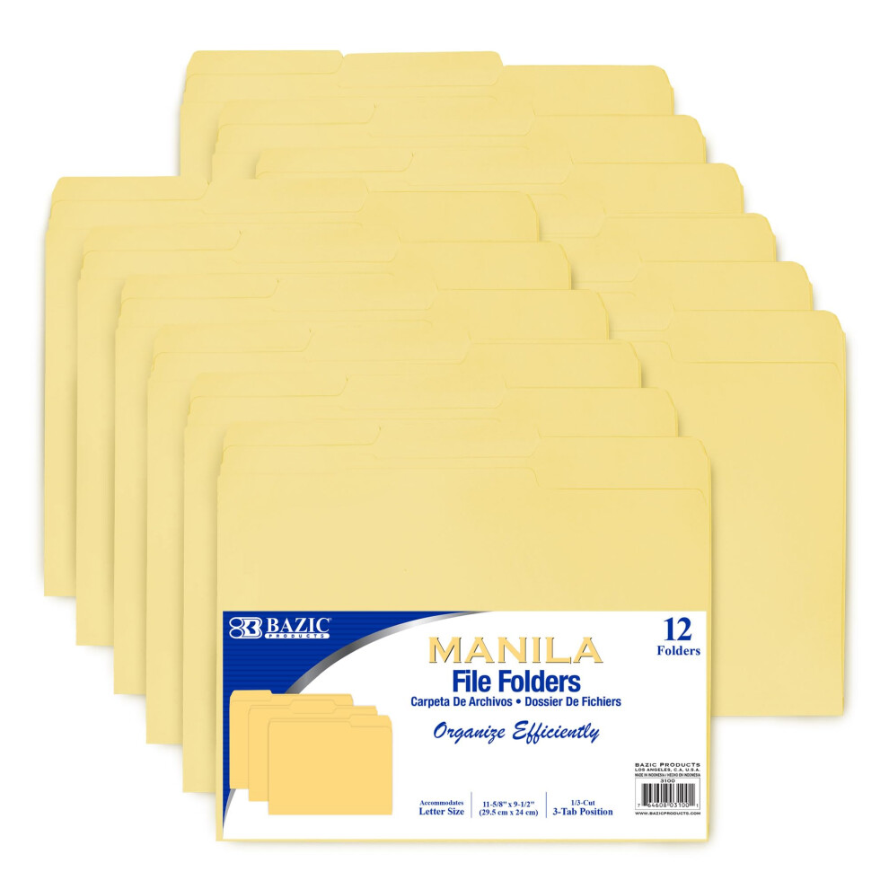 Chemises en papier manille format lettre BAZIC, coupe 1/3 (paquet de 12), boîte de 48 (3100-48)