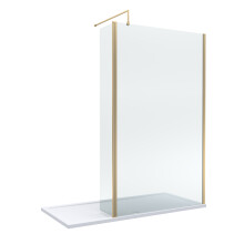 8mm Glass Walk In Wetroom Screen and Hinged Return Screen with Brushed Brass Profile and Shower Tray - 1700 x 700mm