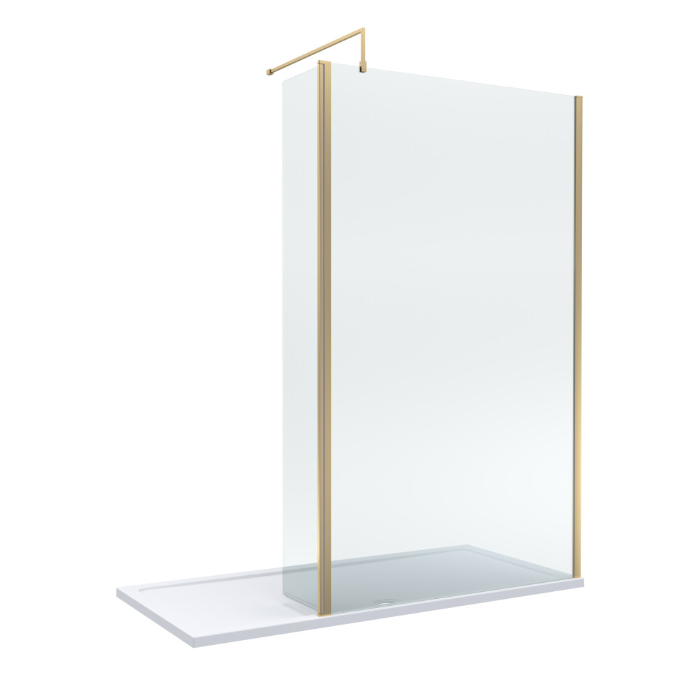 8mm Glass Walk In Wetroom Screen and Hinged Return Screen with Brushed Brass Profile and Shower Tray - 1700 x 900mm