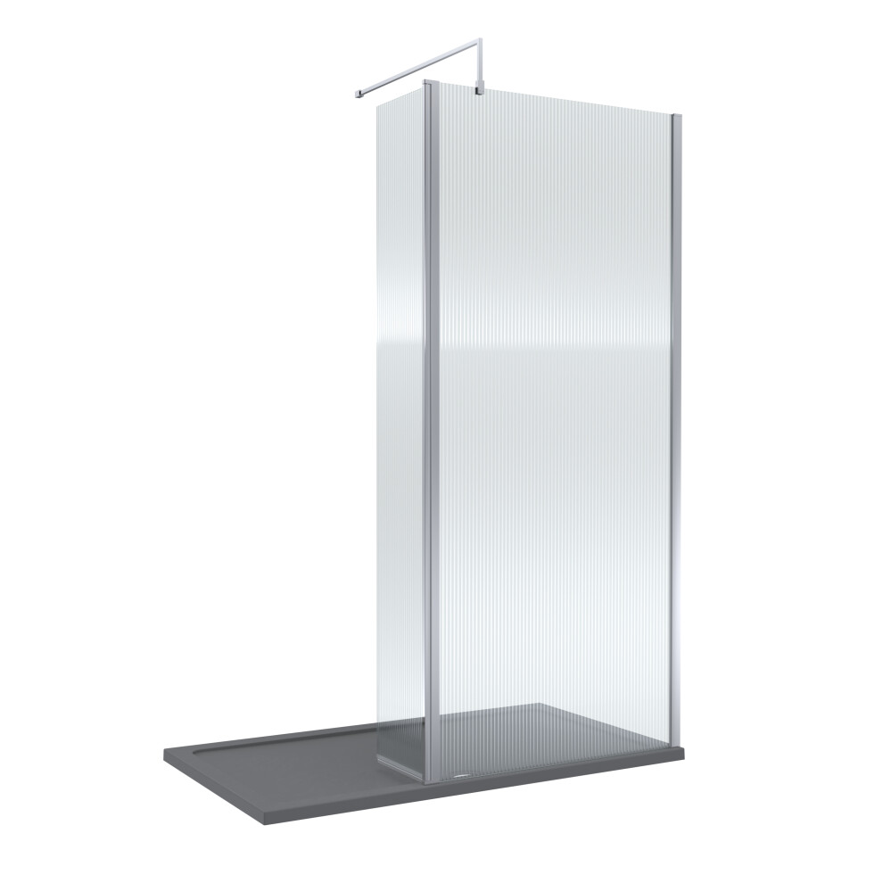 Balterley 8Mm Fluted Glass Walk In Wetroom Screen And Hinged Return With Chrome Profile And Grey Shower Tray - 1400 X 800Mm