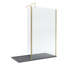 8mm Glass Walk In Wetroom Screen and Hinged Return Screen with Brushed Brass Profile and Grey Shower Tray - 1700 x 800mm
