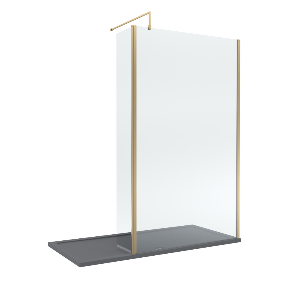 Balterley 8Mm Glass Walk In Wetroom Screen And Hinged Return Screen With Brushed Brass Profile And Shower Tray - 1700 X 800Mm Grey