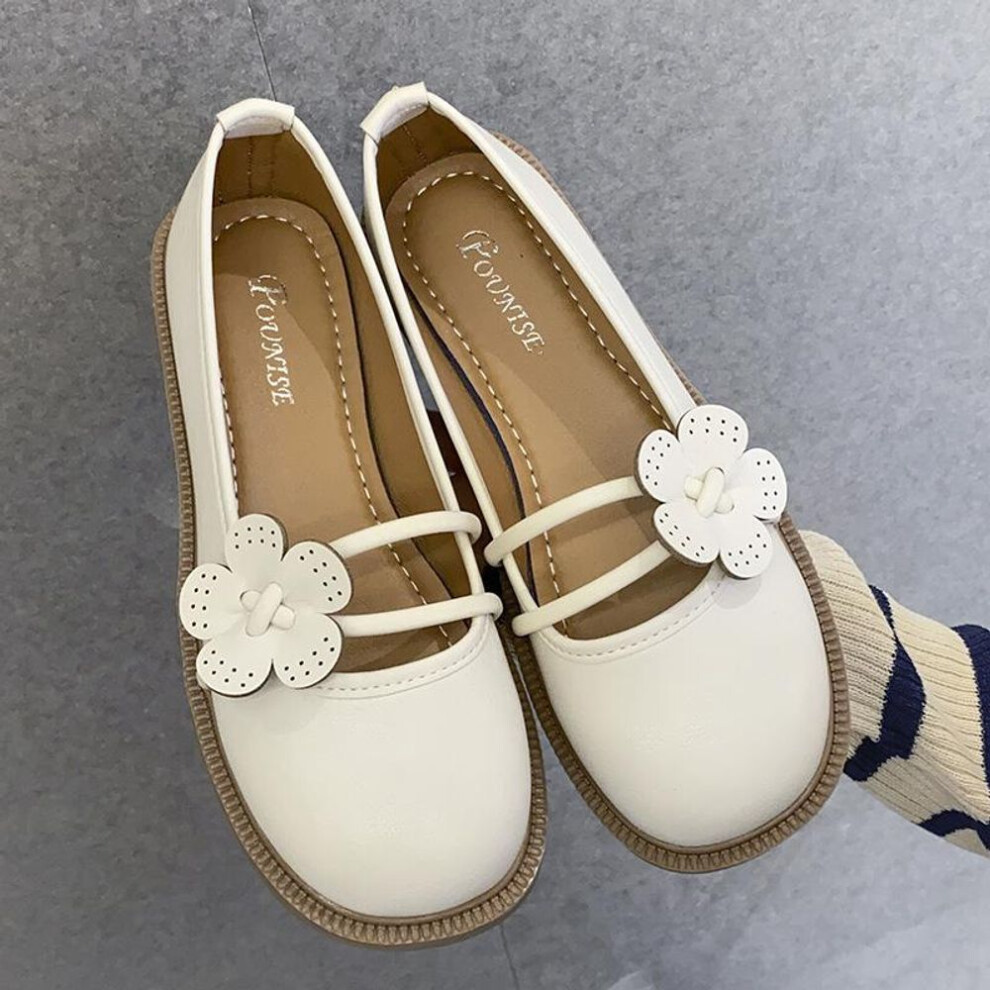 (white, 35) Women&apos;s Comfortable Mary Jane Shoes Chunky Shoes Pu Leather Round Toe Flats Non-slip Strap Loafers Casual Dressy Party School Work Shoes For Wome