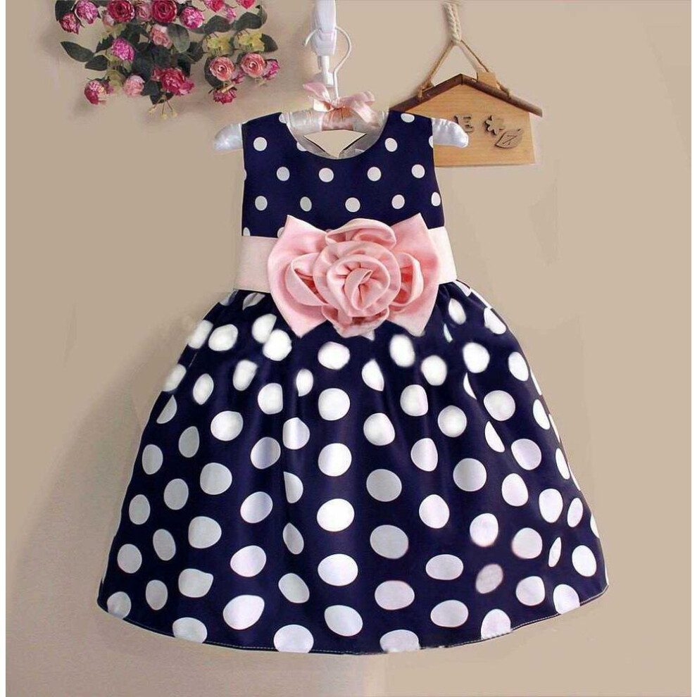 (navy blue, 6-7 Years) Korean Summer Baby Children Sleeveless Dot Flower Belt Girls Dress