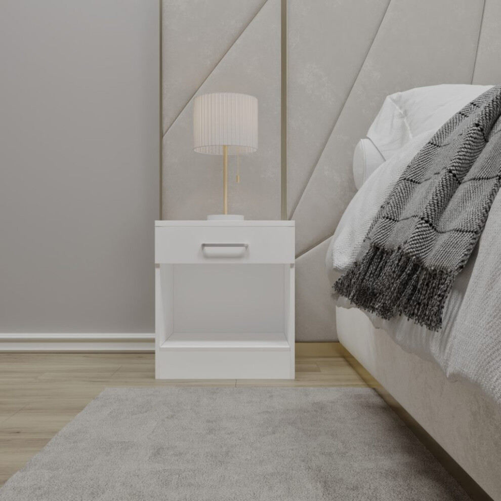 Dakota 1 Drawer Bedside White Metal Drawer Runners and Handles