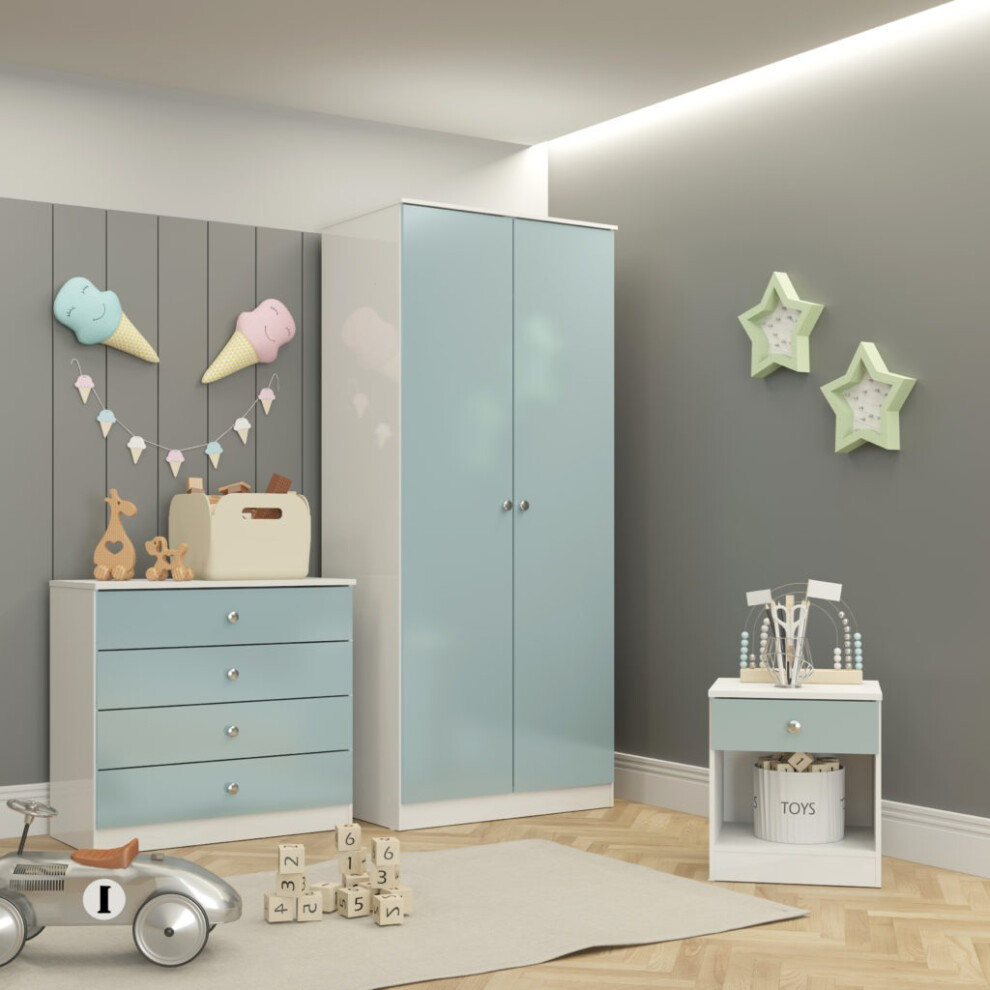 Denver Trio Bedroom set Blue Gloss Wardrobe Chest of Drawers Bedside