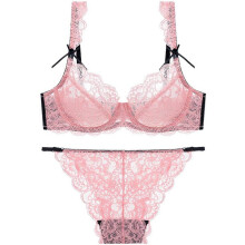 (34A, Pink) Women's Floral Lace Bra and Panty Set Sexy Underwire Ultra-Thin Bra Set Transparent Lingerie Set