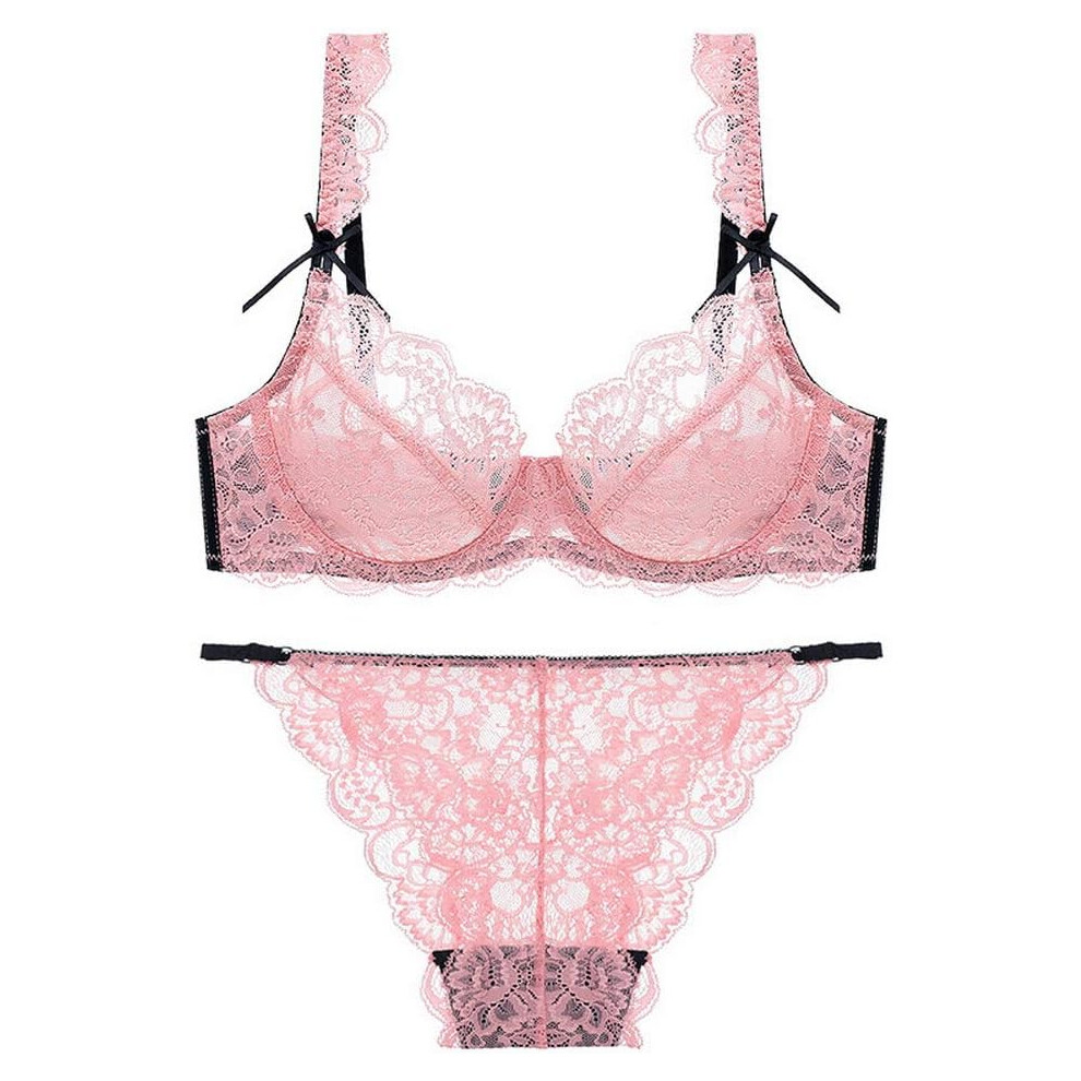 (34A, Pink) Women's Floral Lace Bra and Panty Set Sexy Underwire Ultra-Thin Bra Set Transparent Lingerie Set
