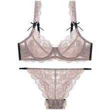 (34A, Coffee) Women's Floral Lace Bra and Panty Set Sexy Underwire Ultra-Thin Bra Set Transparent Lingerie Set