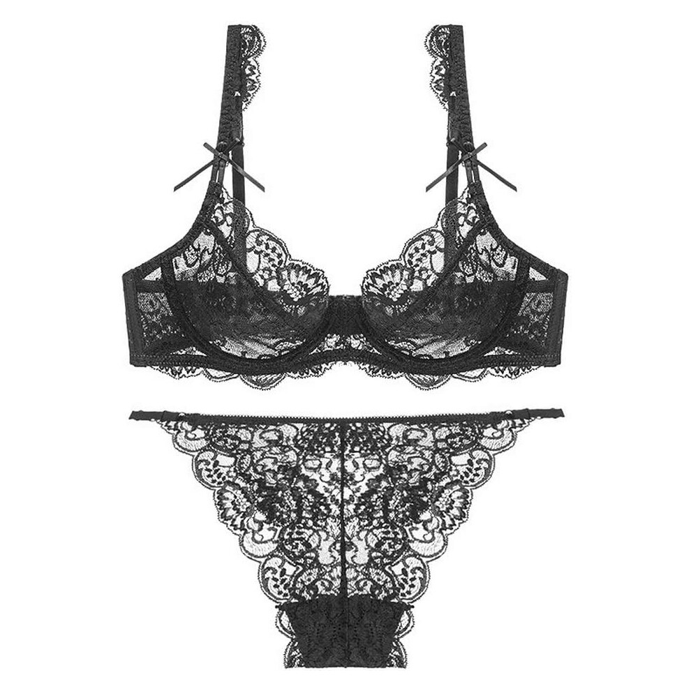 (38C, Black) Women's Floral Lace Bra and Panty Set Sexy Underwire Ultra-Thin Bra Set Transparent Lingerie Set-image-OPC-PGH2HP8-NEW