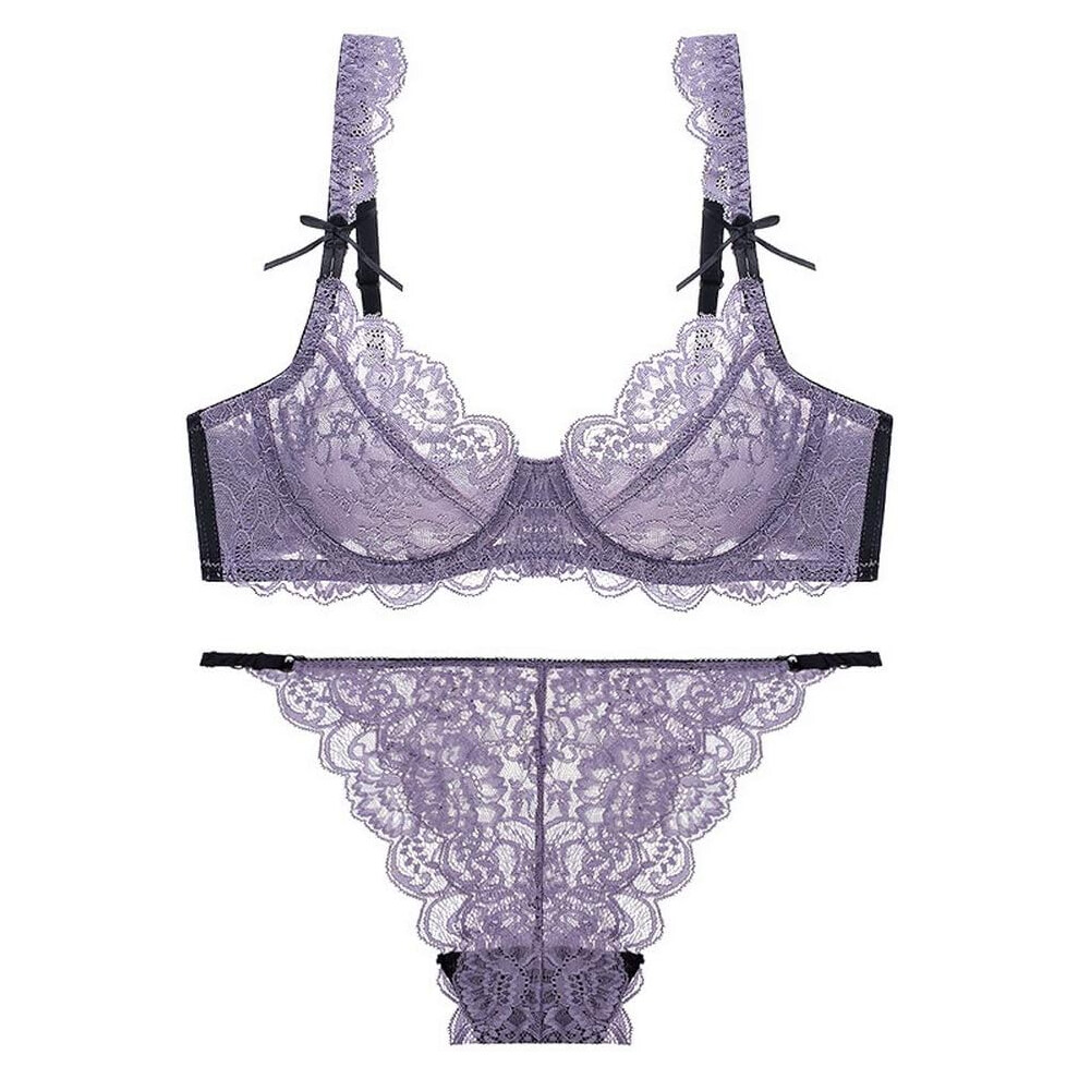 (40C, Purple) Women's Floral Lace Bra and Panty Set Sexy Underwire Ultra-Thin Bra Set Transparent Lingerie Set-image-OPC-PGH2HPS-NEW