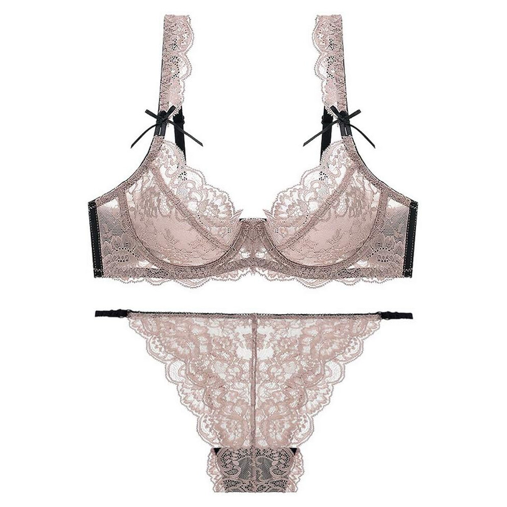 (42C, Coffee) Women's Floral Lace Bra and Panty Set Sexy Underwire Ultra-Thin Bra Set Transparent Lingerie Set-image-OPC-PGH2HQ7-NEW